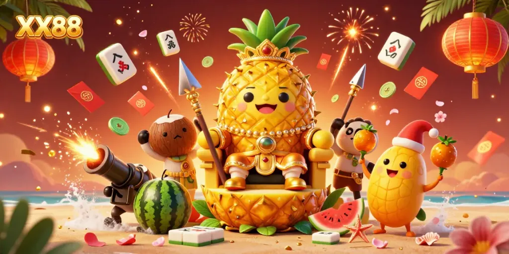 Immerse in the vibrant world of XX88 with a golden pineapple king presiding over a tropical casino, surrounded by festive gaming elements.