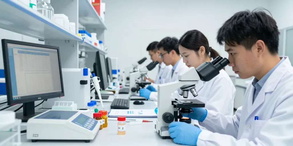 Researchers testing mt 2 compounds in a modern laboratory setting.