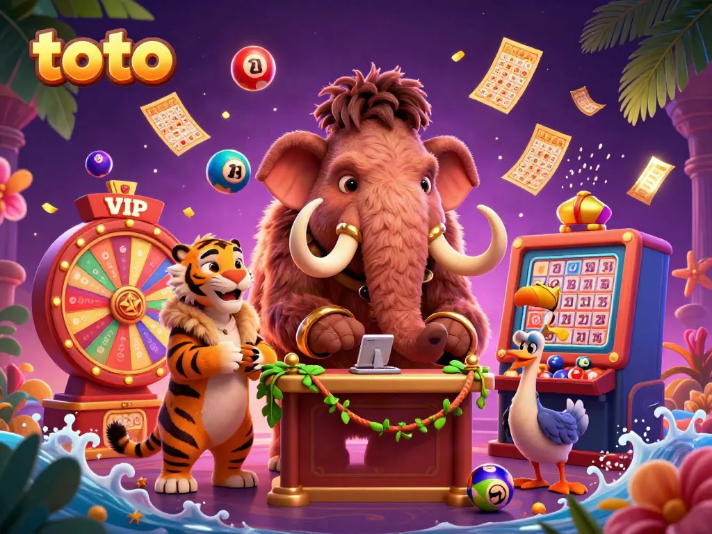Toto-themed casino scene featuring a woolly mammoth bouncer, saber-tooth tiger VIP, and dynamic lottery elements.