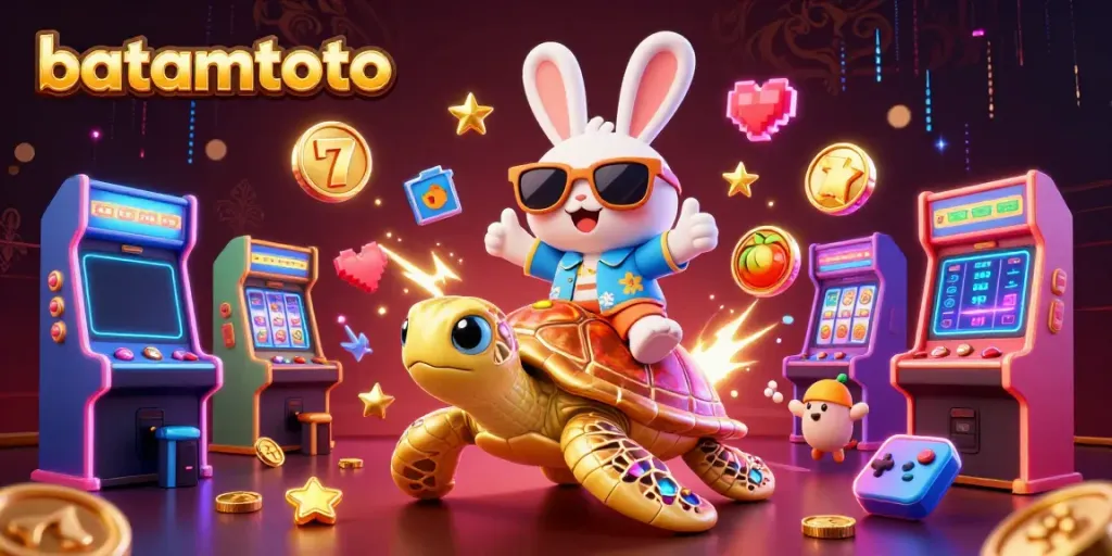 Ilustrasi 3D lucu batamtoto dengan kelinci beruntung dan kura-kura emas di kasino