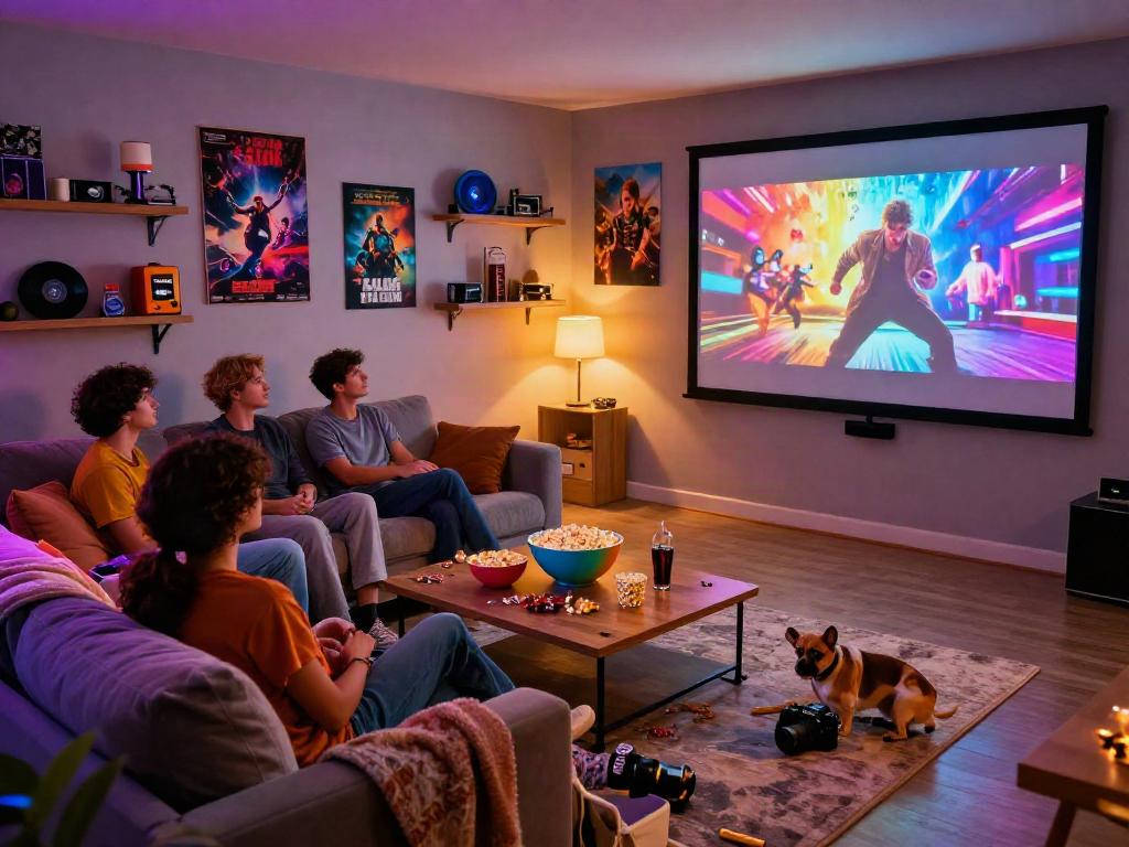 Enjoying Moviebox with friends in cozy home theater setup featuring popcorn and posters.