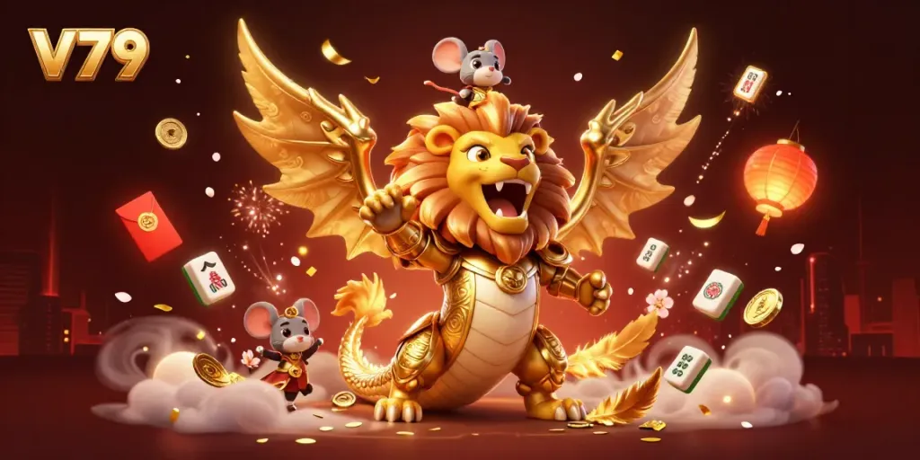 Experience thrilling gameplay with V79's golden chimera and floating game elements in an exciting casino scene.