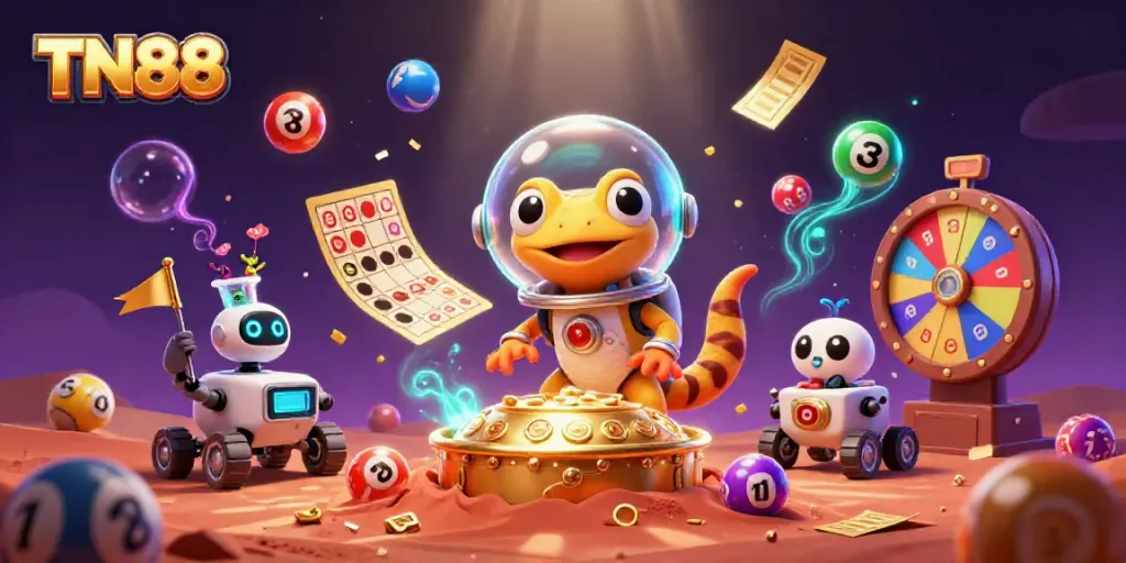 Experience the excitement of winning at TN88 with a Martian gecko uncovering a golden casino in a vibrant 3D illustration.