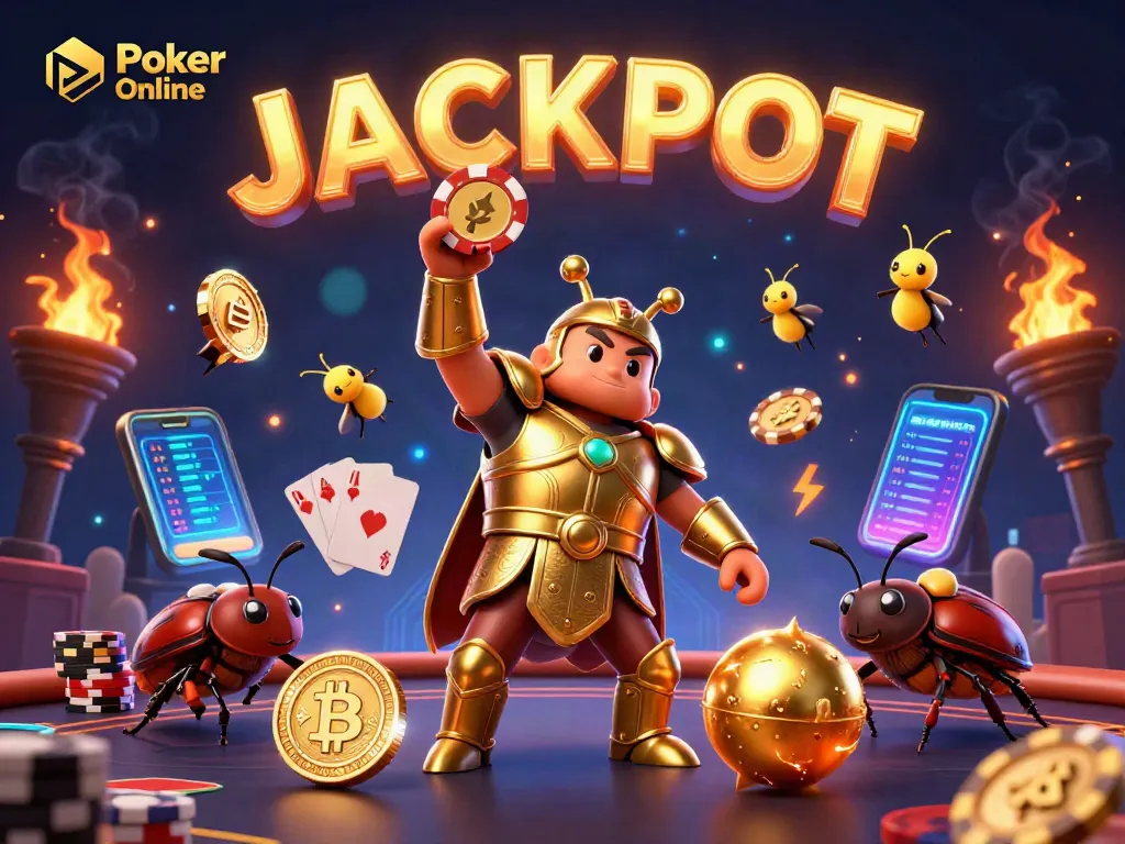 Engage with Poker Online through thrilling games illustrated with a heroic beetle championing poker.