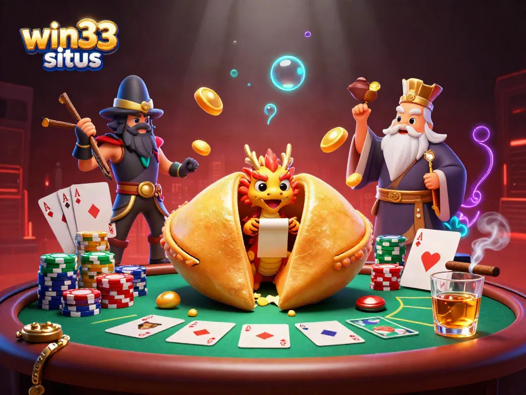 Play and win with win33 situs in this dynamic illustration of a fantasy casino scene.