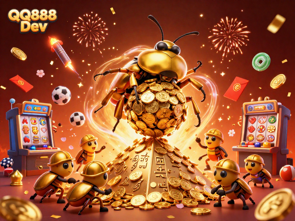 Experience thrilling gaming with QQ888 Dev, featuring golden beetles in a vibrant casino scene.