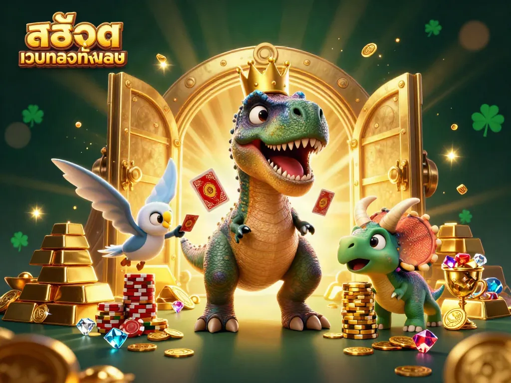 Engaging illustration showcasing สล็อตเว็บตรงทั้งหมด with animated dinosaur characters enjoying casino games.