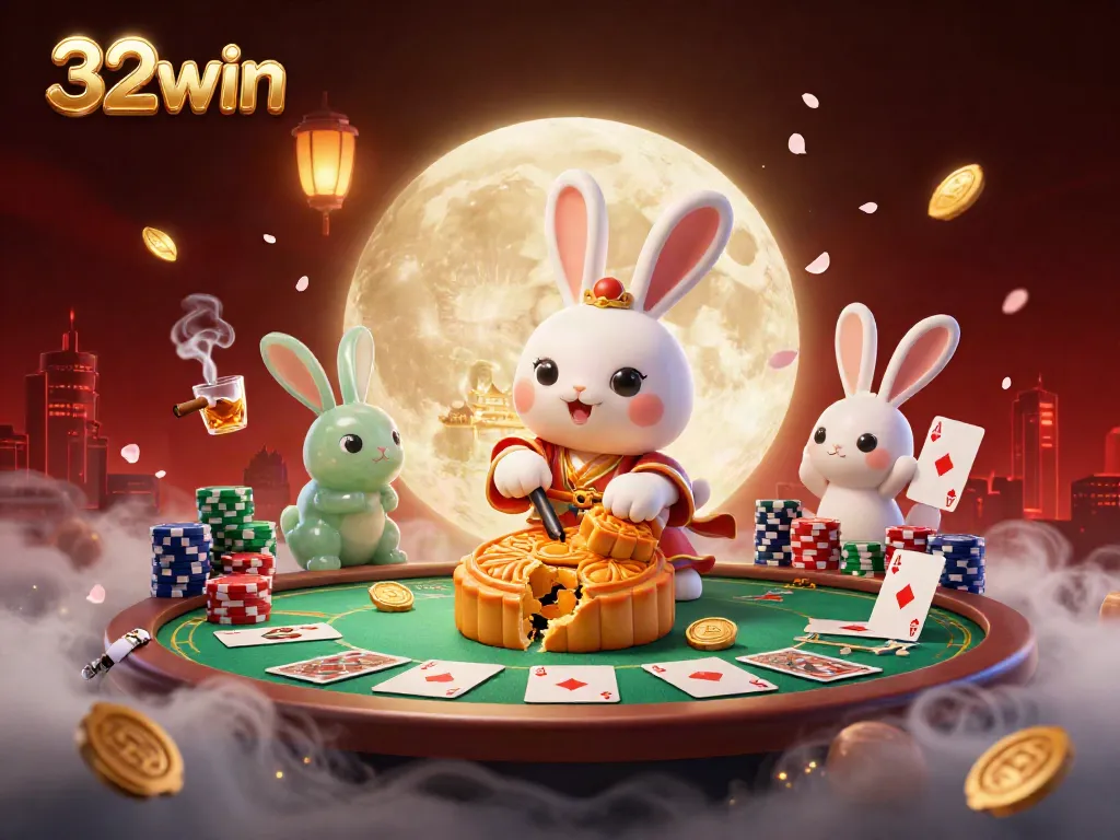 Experience the thrill of 32win casino with vibrant moon rabbit characters and poker elements.
