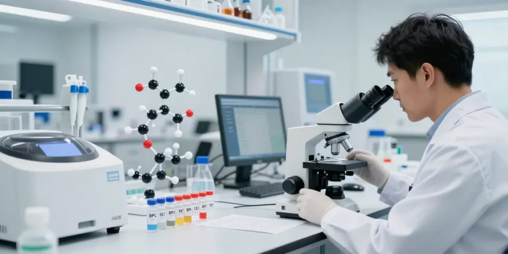BPC-157 research peptide analysis in a modern laboratory setting with samples and scientific equipment.