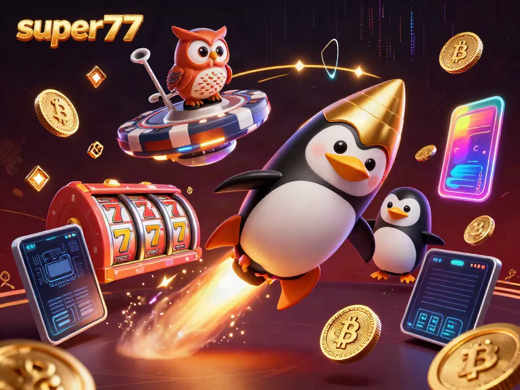 Experience thrilling gameplay at super77 with a golden penguin racing toward a vibrant casino!