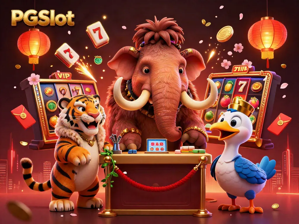 Experience PGSlot excitement with a woolly mammoth bouncer, saber-tooth tiger VIP, and dodo doorman in a dynamic casino atmosphere.