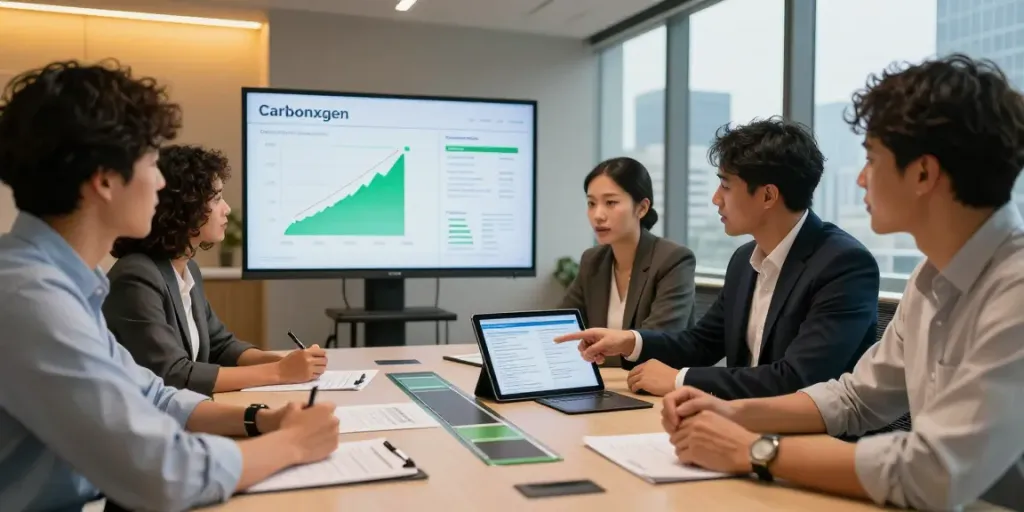 Team collaborating on sustainable energy solutions at Carbonxgen consultancy meeting.