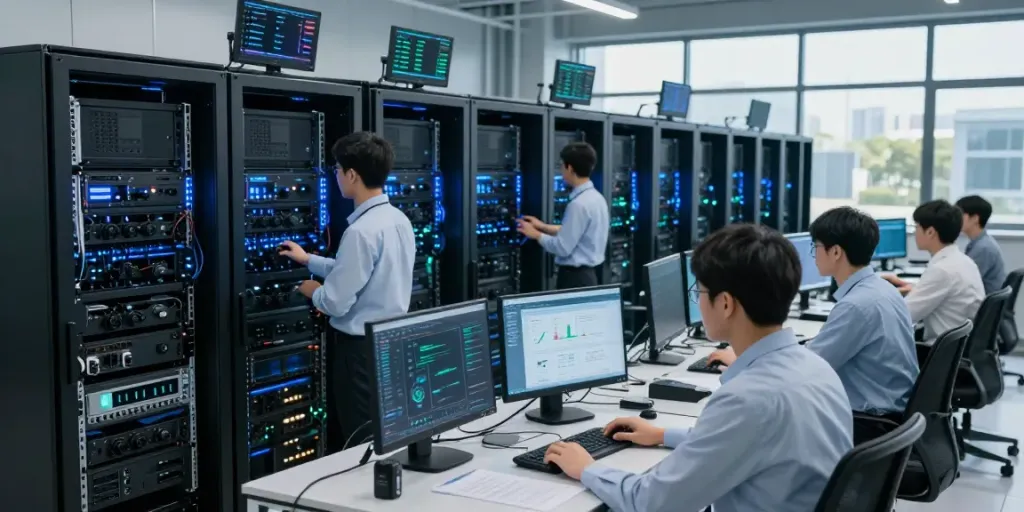 Engineers monitoring an AI data center with advanced GPU systems and performance metrics.