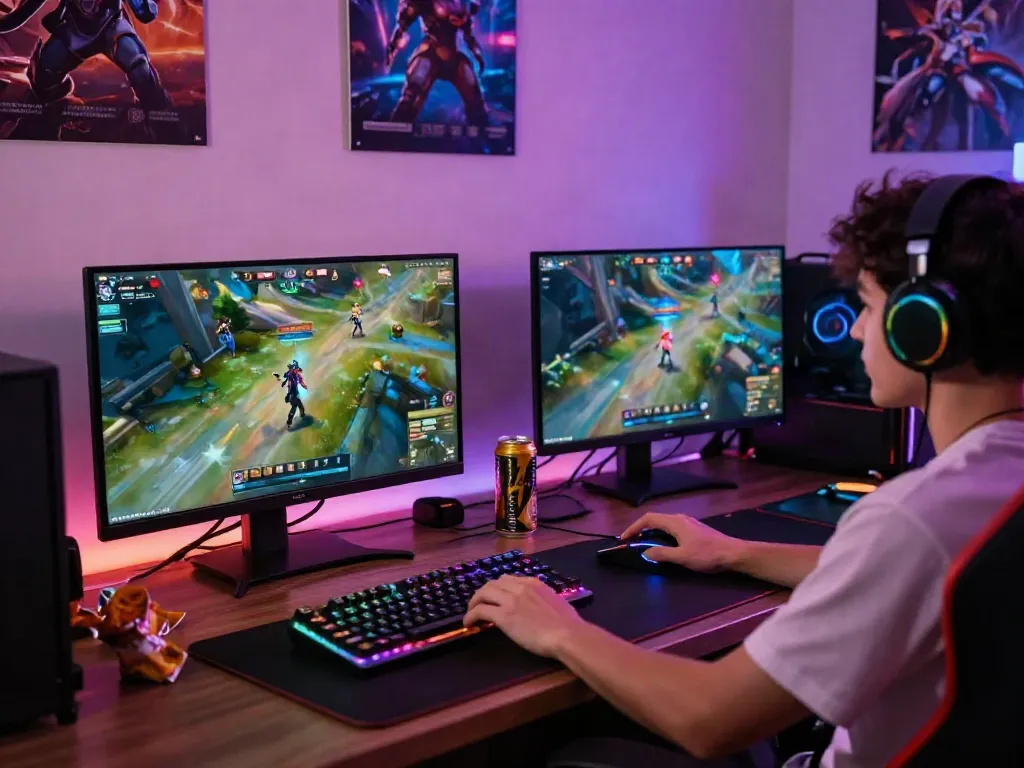 Excited gamer enjoying game online in a vibrant gaming setup