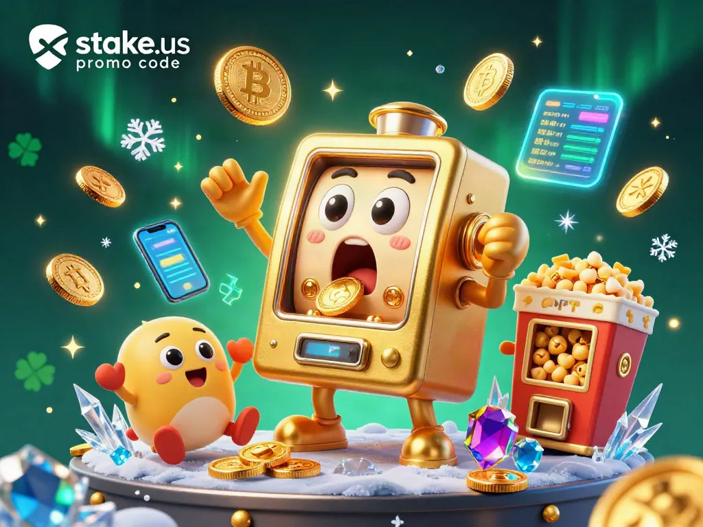 Win using the stake.us promo code with a cartoon slot machine celebrating a jackpot