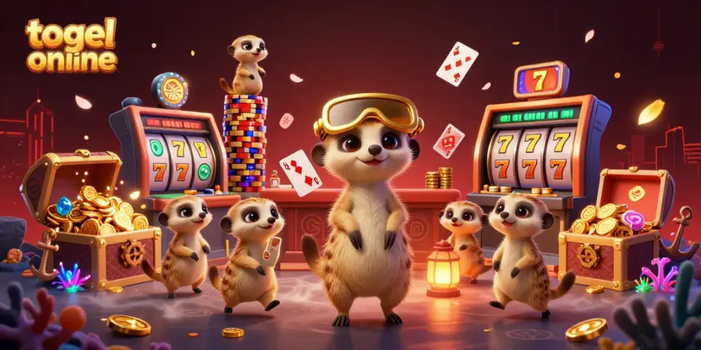 Merak menikmati permainan togel online dalam suasana kasino 3D yang penuh warna.