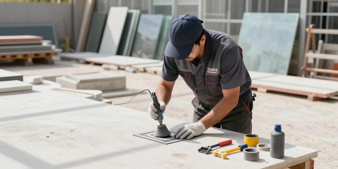 Local business professional using rubber stencil for sandblasting, trusted contractor in community.