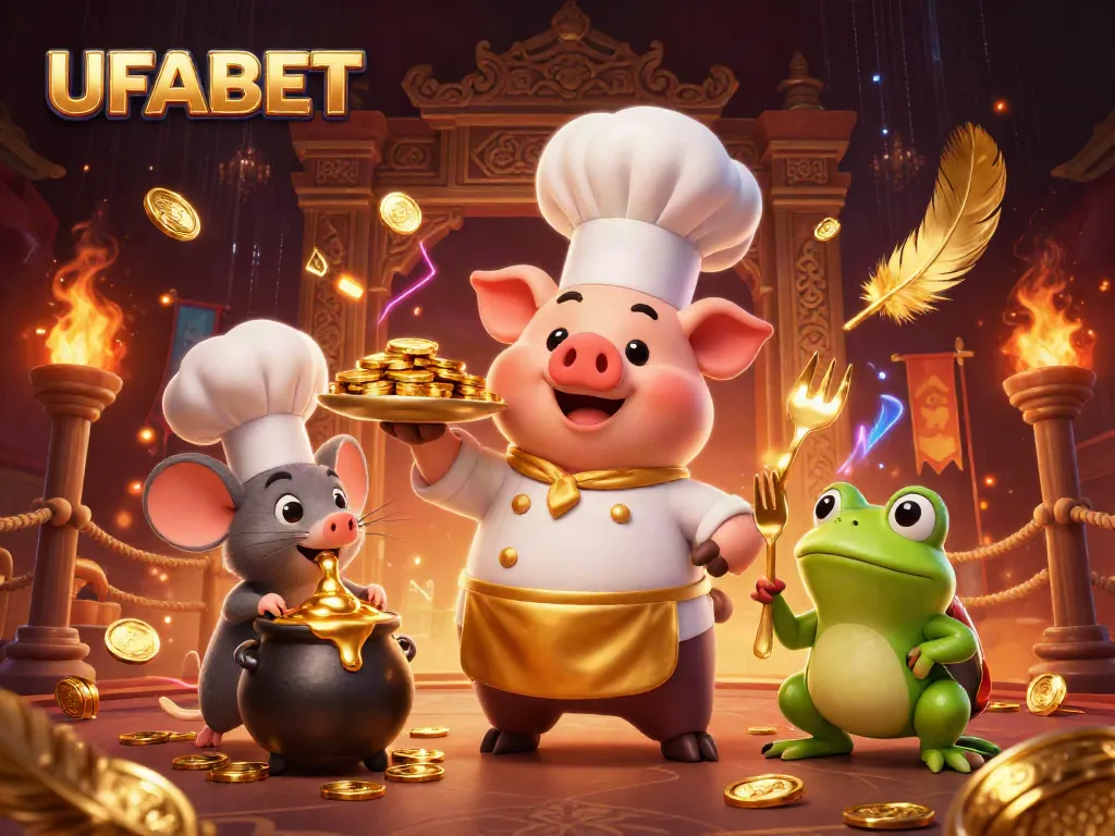 Join the excitement at UFABET with a vibrant 3D casino scene featuring a chef pig serving gold!
