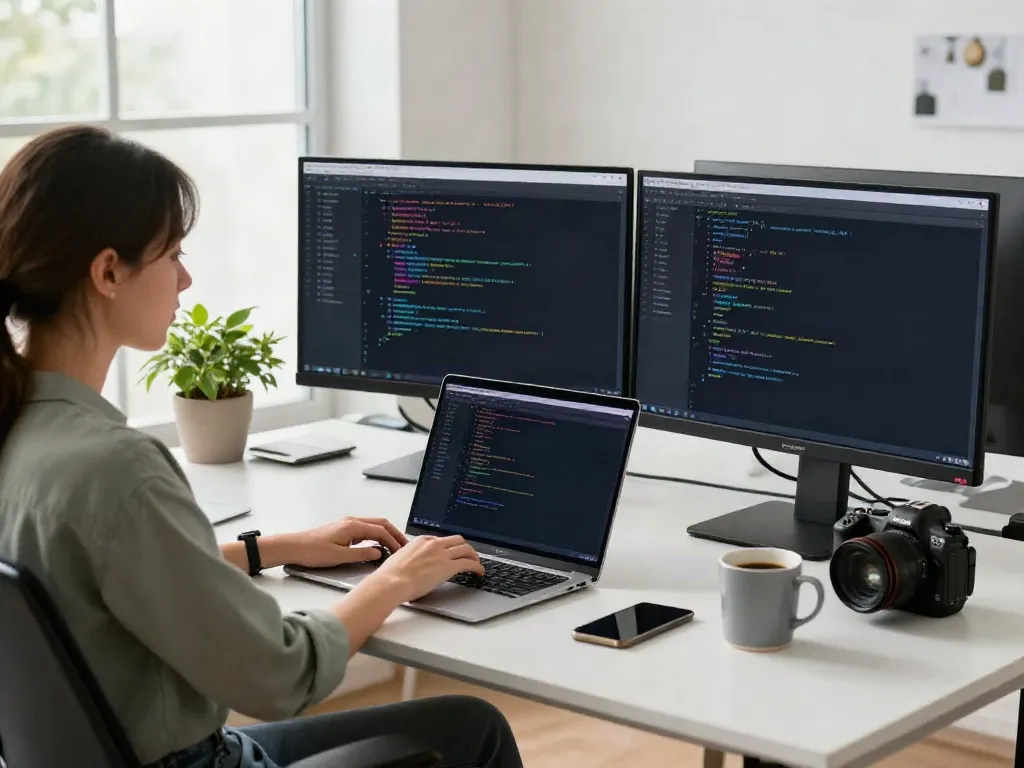 Developer in a modern workspace, demonstrating how to try this out with coding.