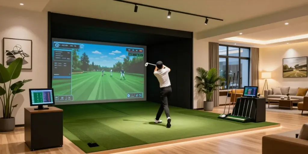 Home golf simulator showing how to build home golf sim with golfer at impact screen and launch monitor.