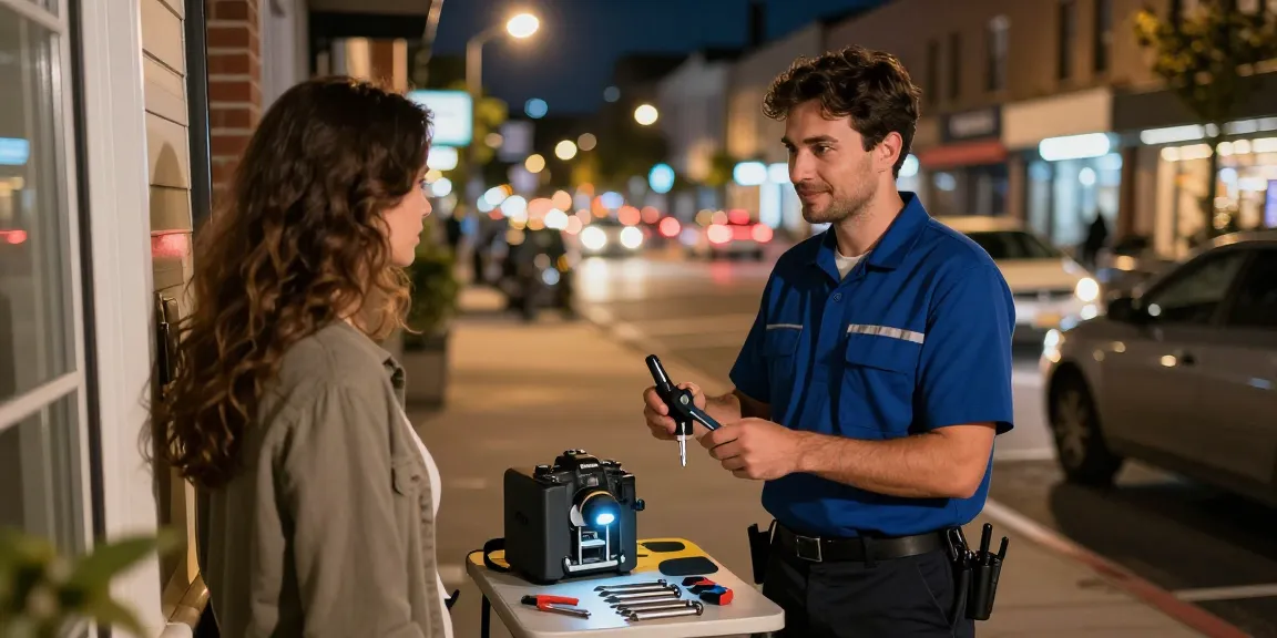 Emergency locksmith Raleigh assisting a client in a city during the night, showcasing tools and friendly service in an urban environment.