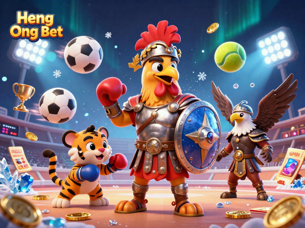 Engage with Heng Ong Bet in an interactive 3D casino scene featuring dynamic sports elements.