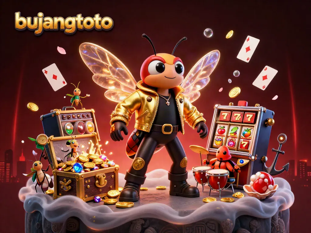 Experience the thrill with bujangtoto as a cicada rock star captivates the casino audience amidst dazzling slots and gold.