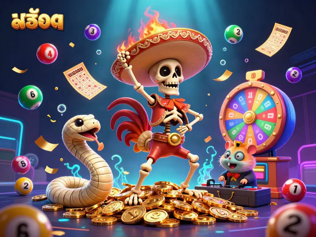 Engage in สล็อต excitement with a unique skeleton mariachi, mummy snake, and DJ hamster celebrating on golden coins.