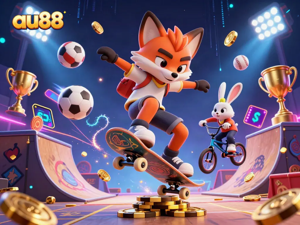 Experience exciting gameplay with au88 as a fox skateboarder performs tricks over golden poker chips.