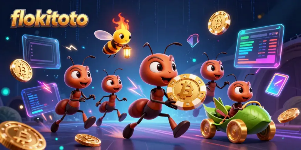 Engage in the thrilling heist of flokitoto with 3D ants, showcasing huge poker chips and crypto elements.