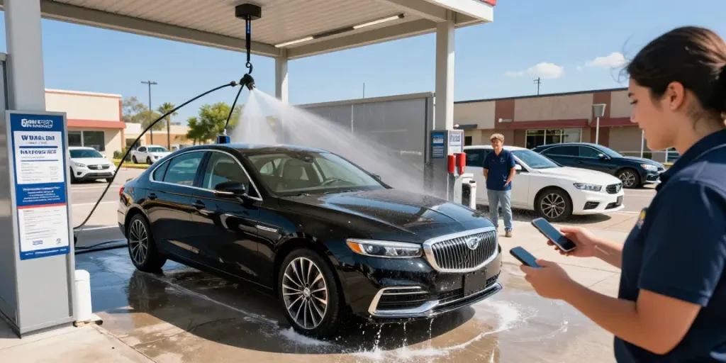 Touchless car wash near me Fort Worth, featuring a sleek car under high-velocity jets, emphasizing advanced wash technology.