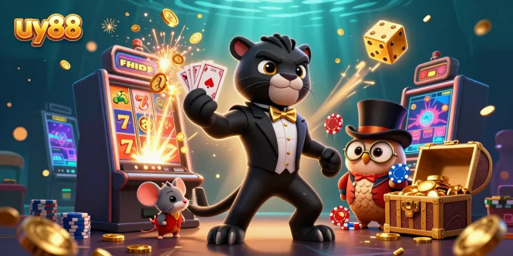 Experience the thrill of uy88 with a stylish casino scene featuring vibrant characters and lively gaming elements.