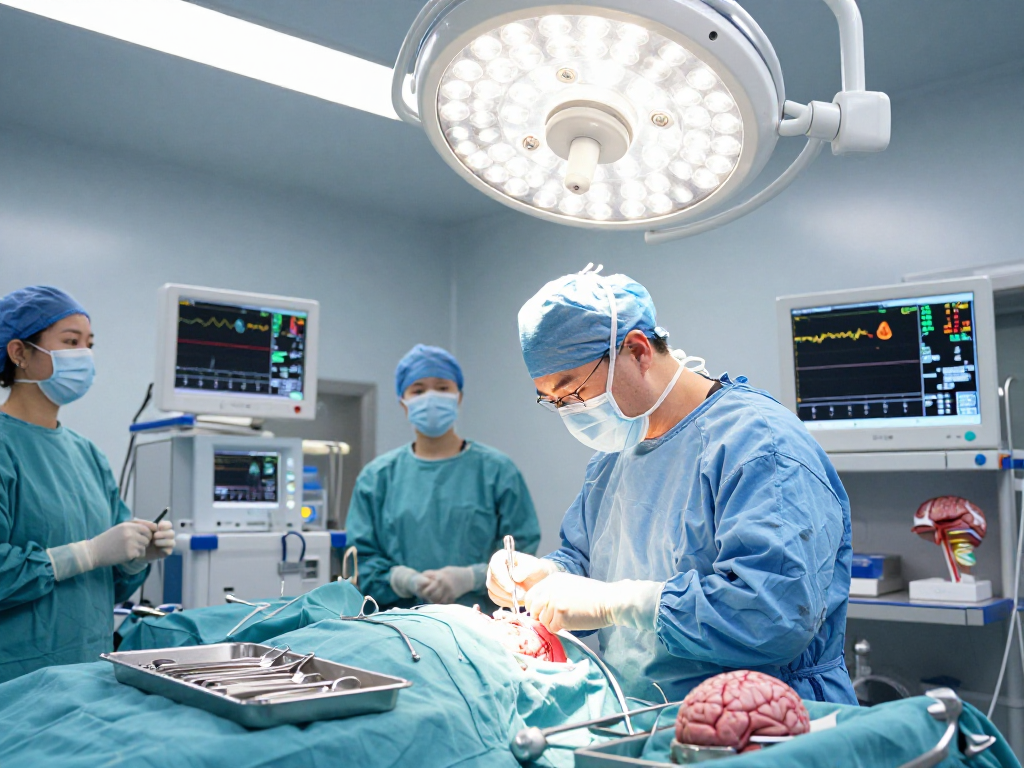 Focused neurosurgeon performing beyin tümörü ameliyatı in a sterile operating room with advanced surgical tools.