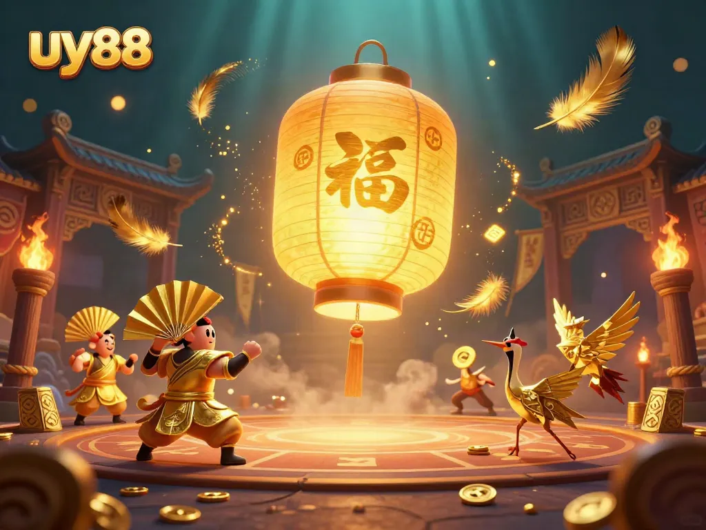 Engage with uy88 at a vibrant casino scene, featuring golden lanterns and gaming action.