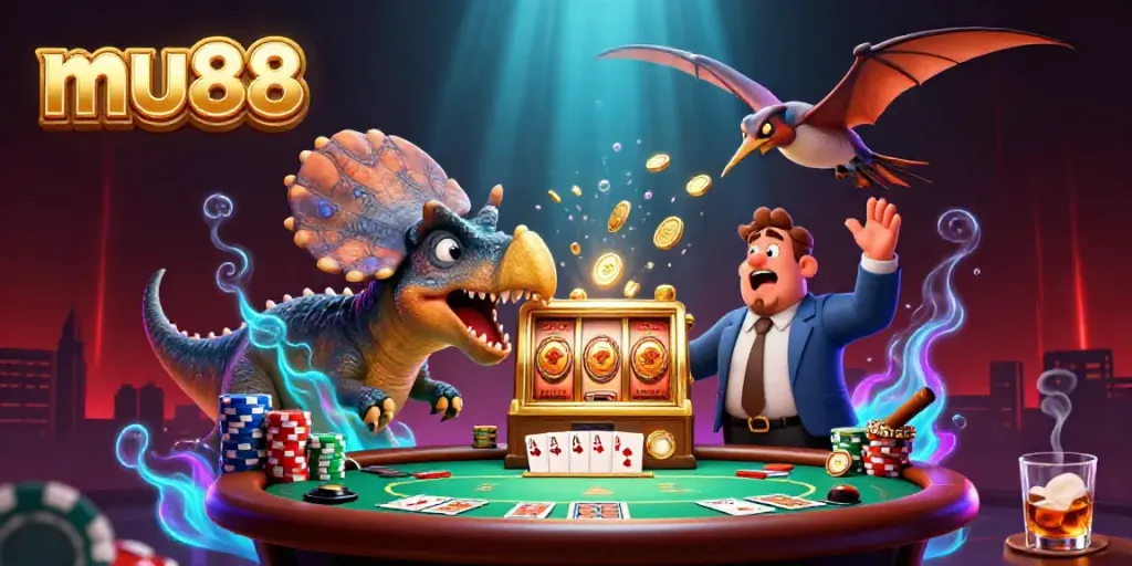 Engaging mu88 scene showing a pachycephalosaurus winning by headbutting a golden slot machine amidst flying coins and colorful poker chips.