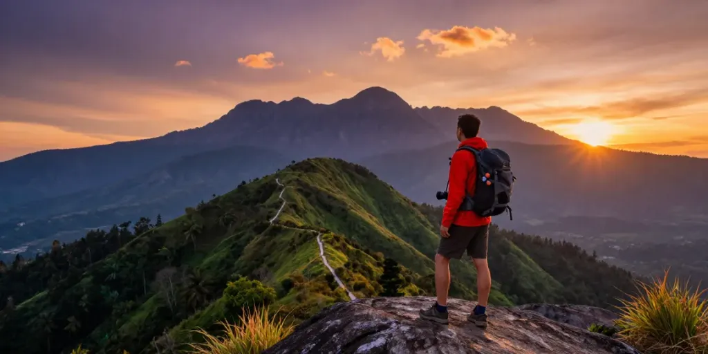 Trip to Kundasang Sabah - Traveler enjoying sunset views of Mount Kinabalu's majestic peaks and lush landscapes.