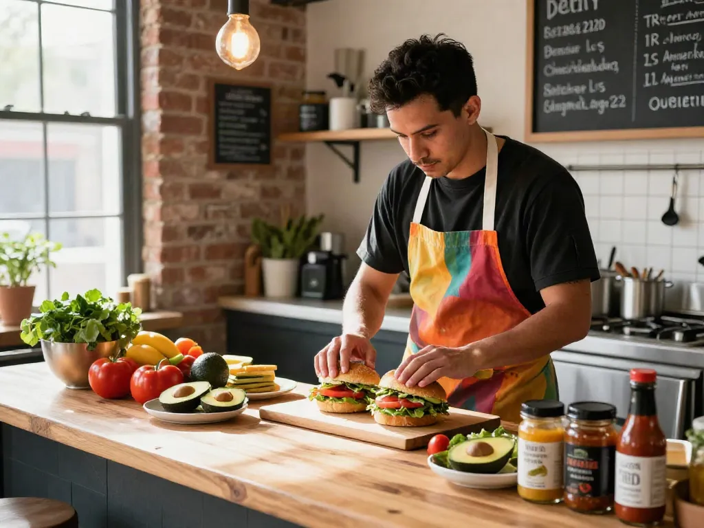 NYC-inspired breakfast sandwiches preparation in bustling Austin kitchen, showcasing fresh ingredients and house-made sauces.