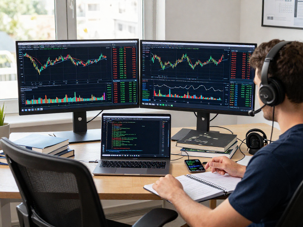 在现代金融办公环境中，交易者使用MetaTrader 5进行数据分析，显示市场趋势和技术指标。