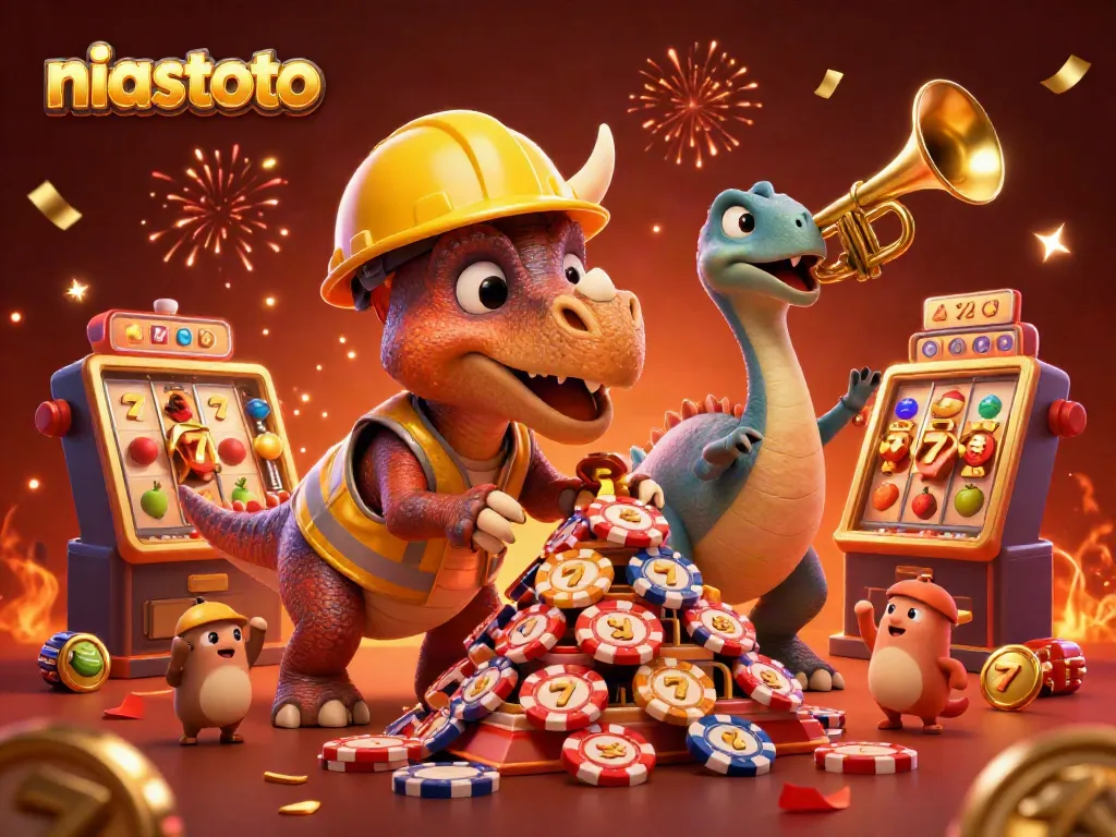 Experience niastoto's vibrant gaming environment with a triceratops building poker chips, celebrating with fireworks and confetti.