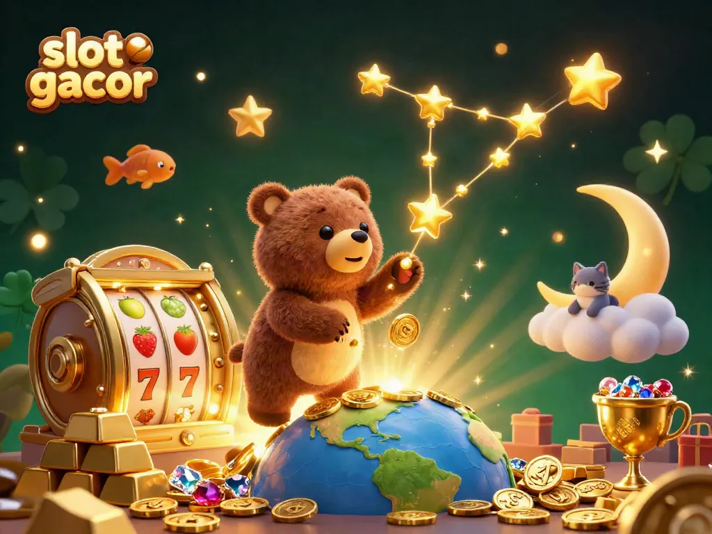 Spin and win with slot gacor-inspired 3D illustration showcasing stars and treasures.