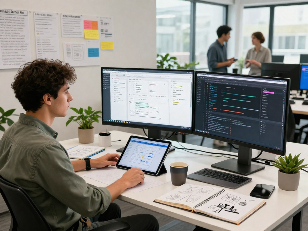 Engaged tech entrepreneur utilizing mvp development service in modern workspace with design prototypes and coding displays.