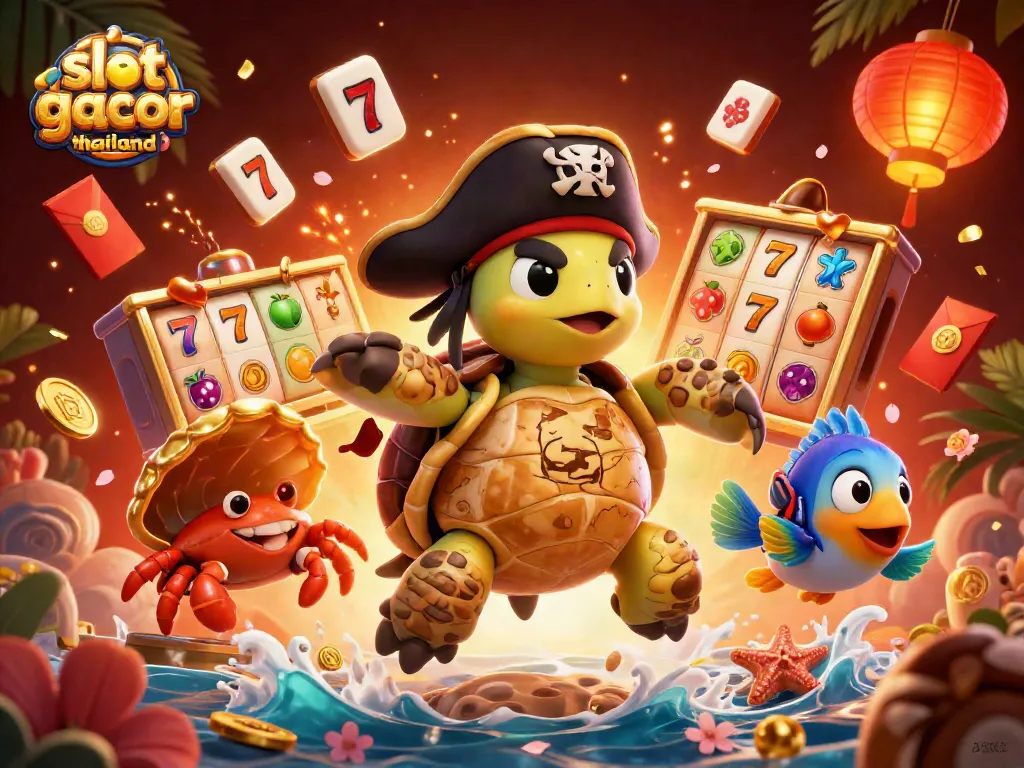 Experience slot gacor thailand with a vibrant scene featuring a pirate turtle, hermit crab, and parrotfish.