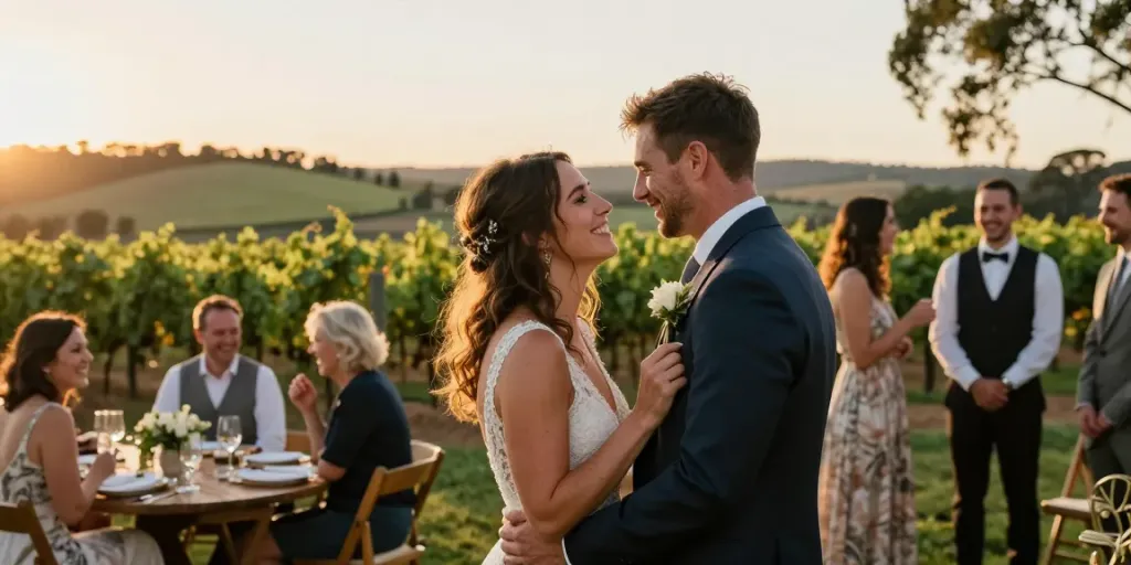 Celebrating as a wedding photographer Pokolbin captures real moments at sunset.