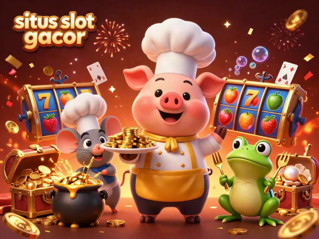 Win big with situs slot gacor featuring a pig chef and treasures in a vibrant casino scene.