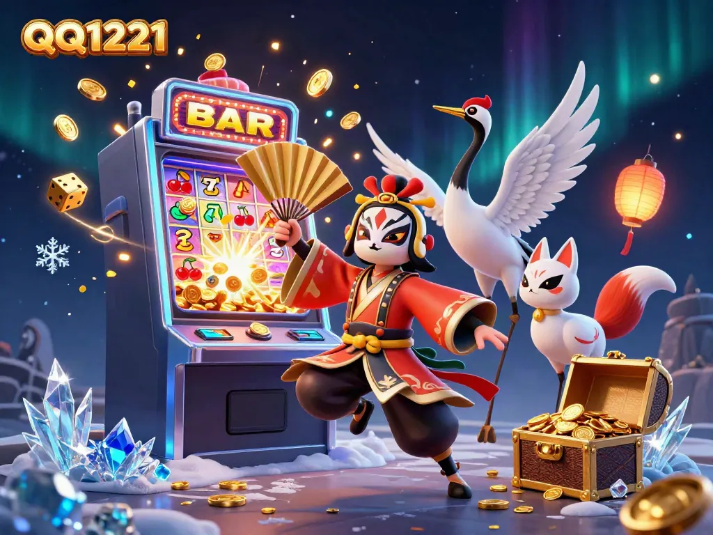 Experience the excitement of QQ1221 with a dazzling slot machine scene featuring vibrant characters and casino symbols.