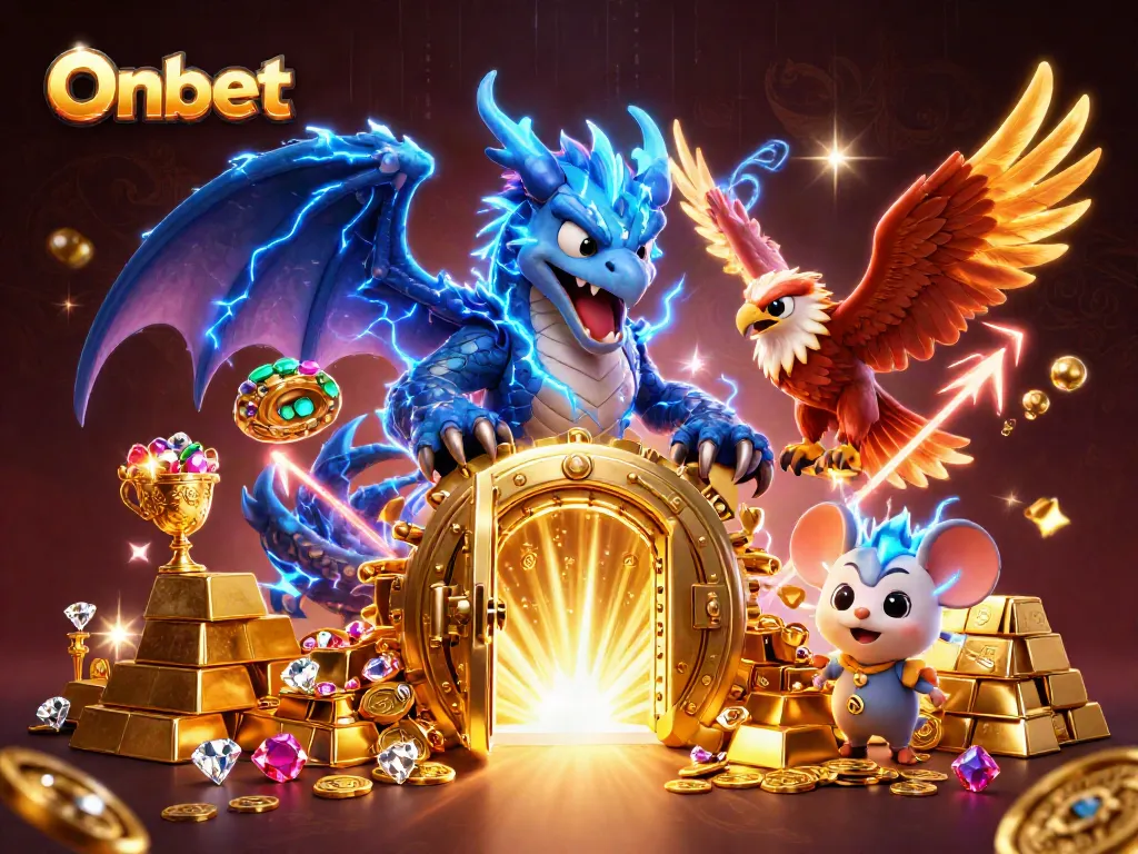 Onbet brings thrilling online casino excitement with dynamic characters and lavish treasures in a 3D scene.