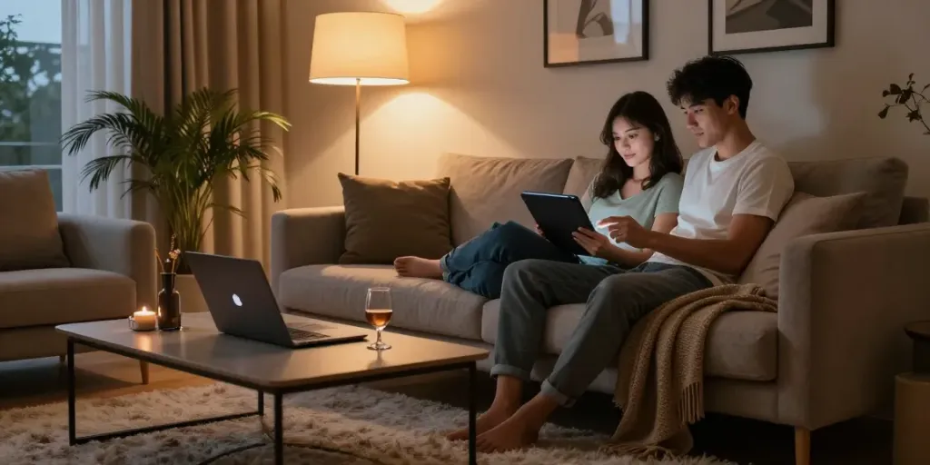 Ari Kytsya porn scene in a cozy modern living room with a couple browsing content.