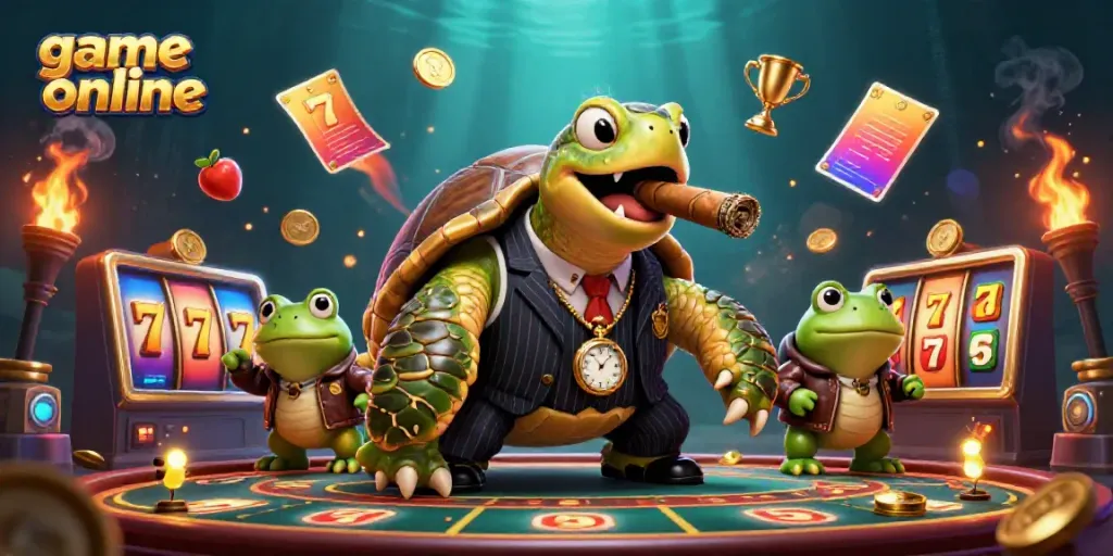 Experience the thrilling dynamics of a game online with our charismatic turtle mobster and frog enforcers in an extravagant casino.