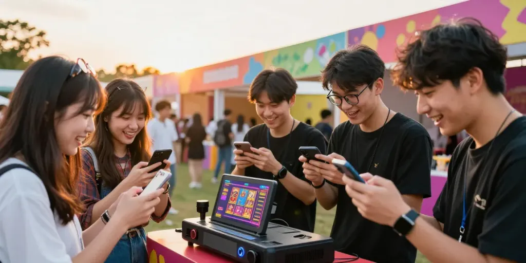 DEWI19 memperlihatkan sekelompok pemuda bermain slot di festival yang ceria.