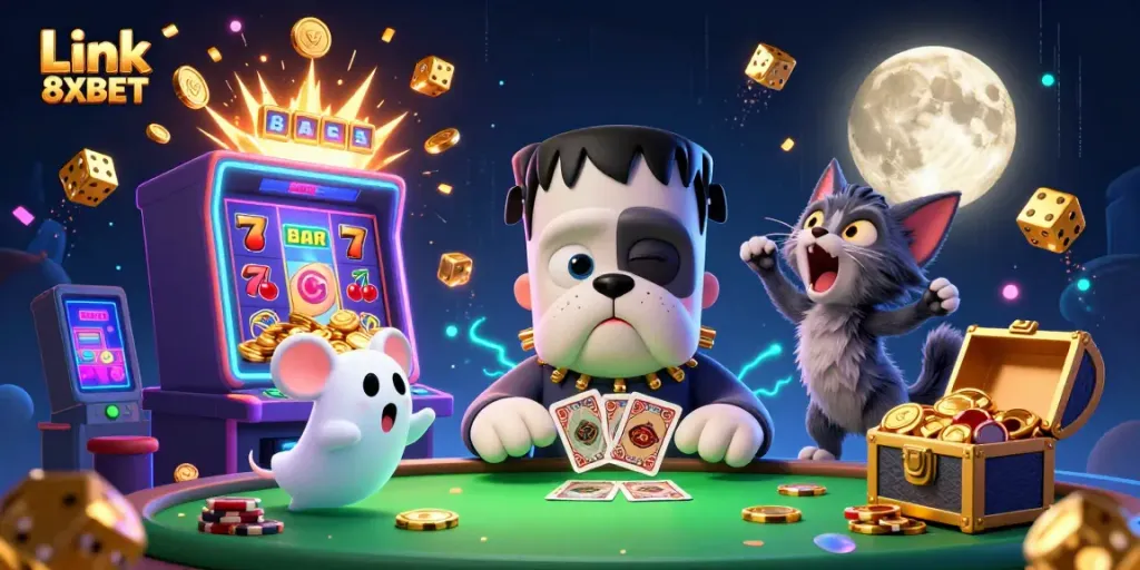 Engage in thrilling action with Link 8XBET as a cartoon bulldog dealer, ghost mouse, and werewolf kitten create excitement around a colorful casino.
